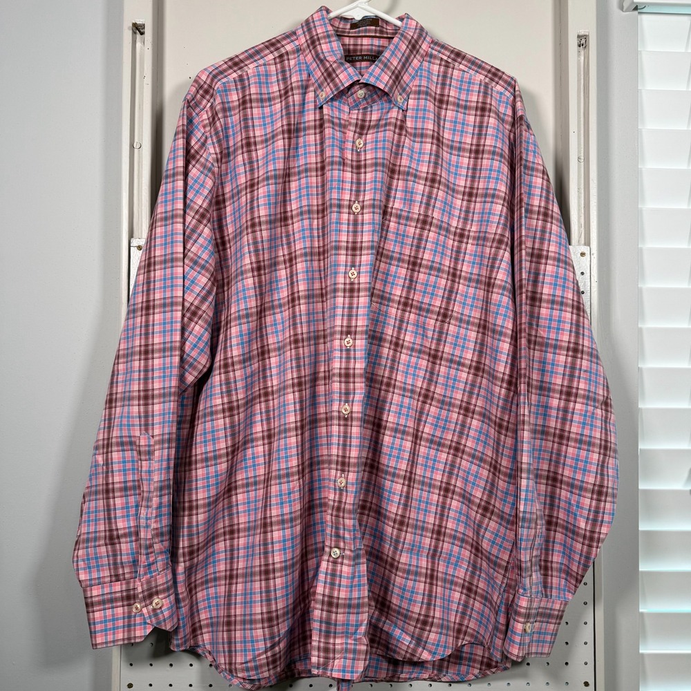 Peter Millar Button-Down Long Sleeve Shirt Men's XL Pink Brown Plaid Classic Fit